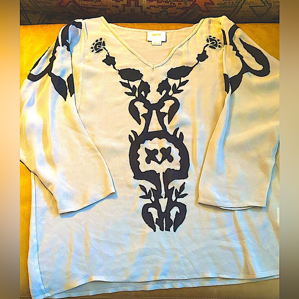 Maeve Anthropologie Sheer Silk Top With Black Appliqué. Woman’s Size Medium